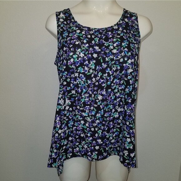 Express Floral Tank Top Women's Small Black Blue Green Purple Split Back - Picture 1 of 6